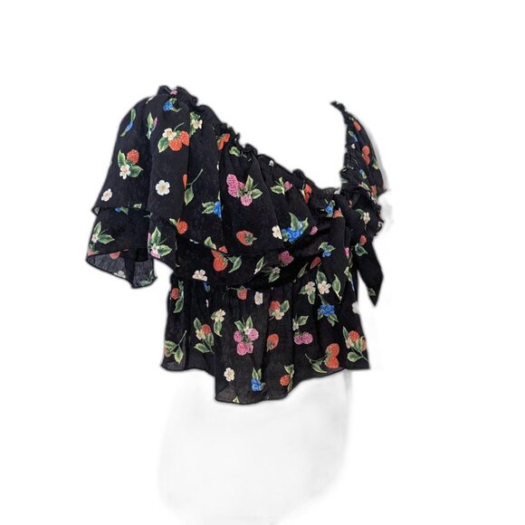 Zara | Black Floral & Berry Print Ruffle Crop Top | Size Small - Picture 5 of 15